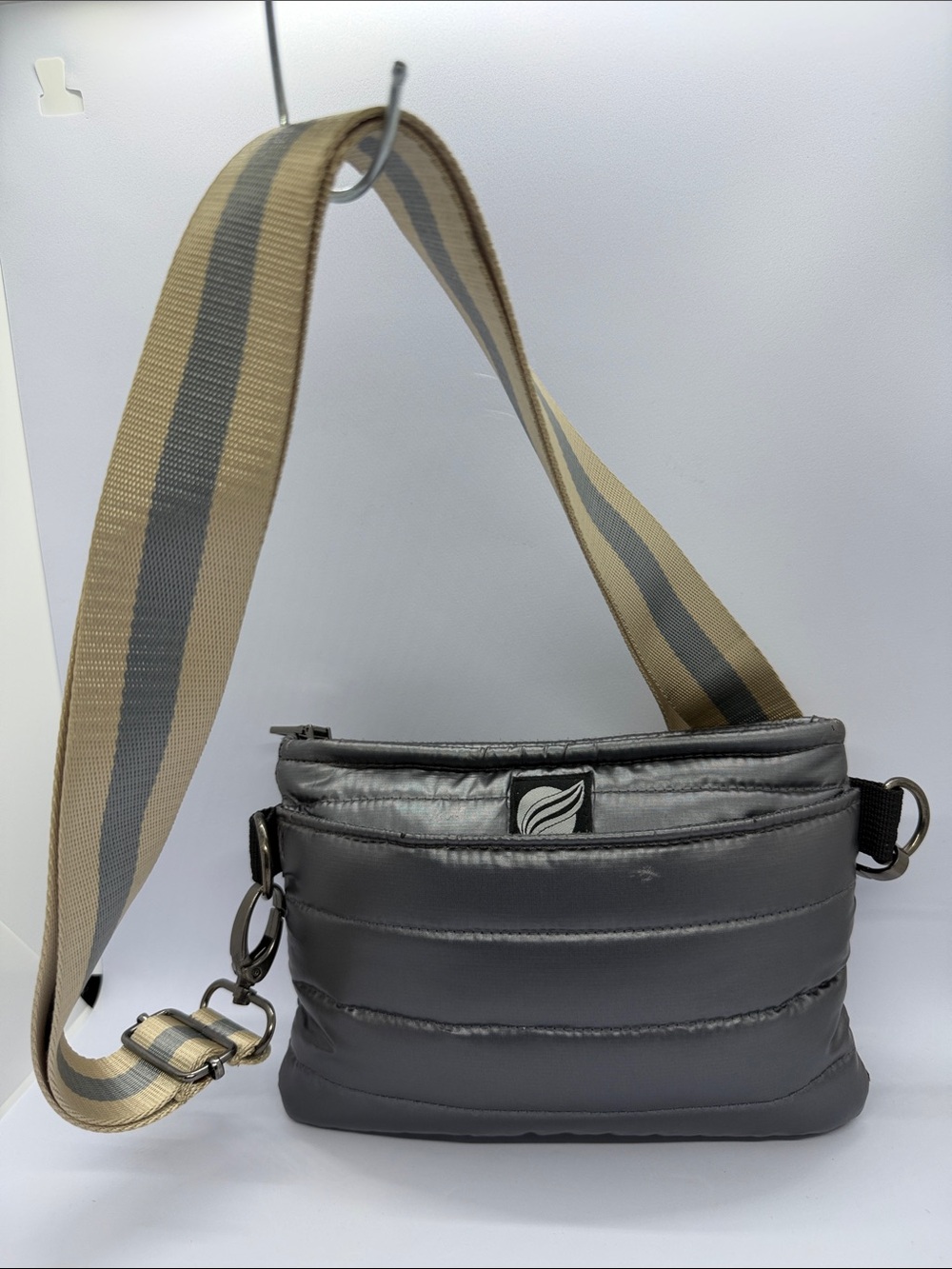 THINK ROYLN Gray Quilted Messenger Bag with Striped Tan Strap